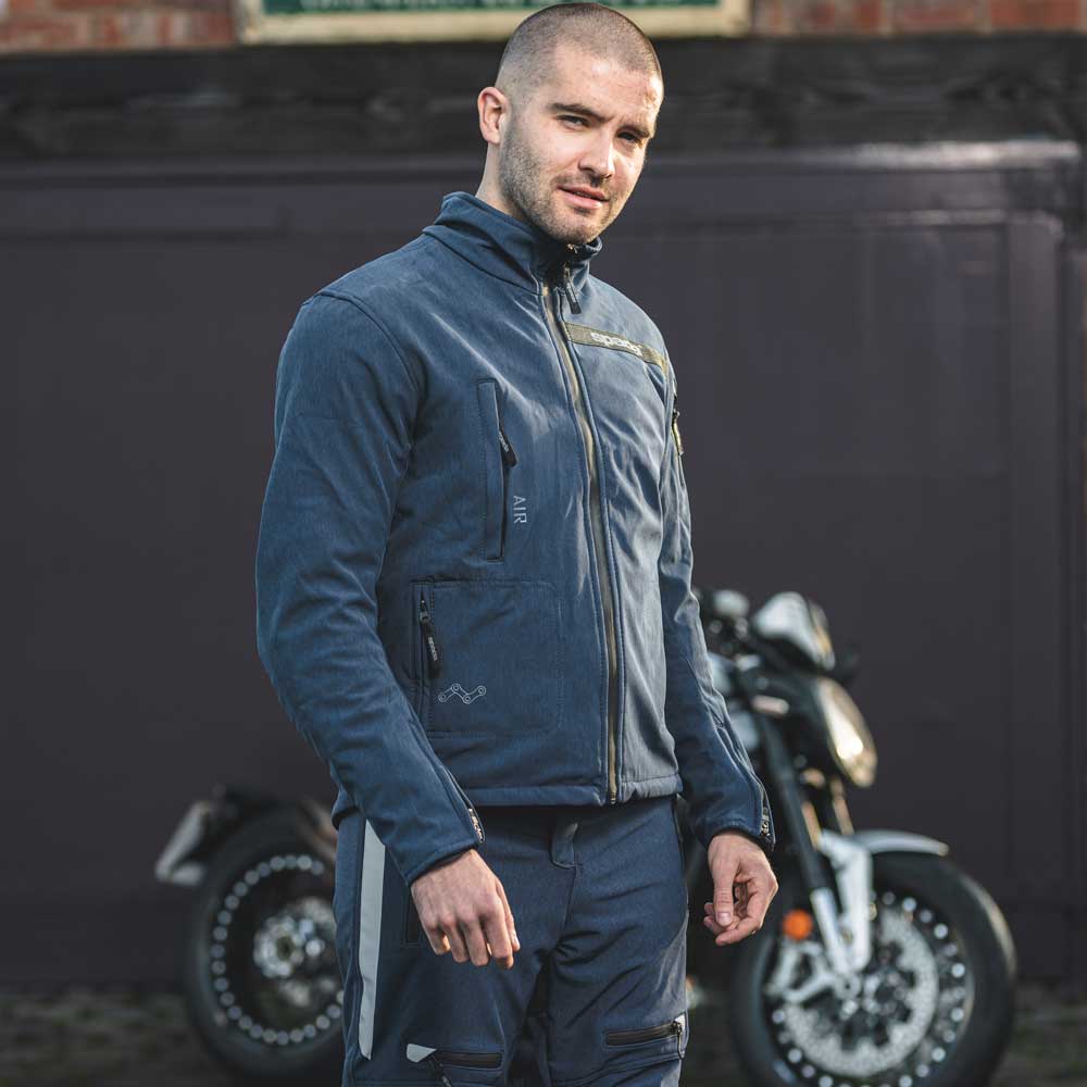 biker wearing blue motorbike jacket