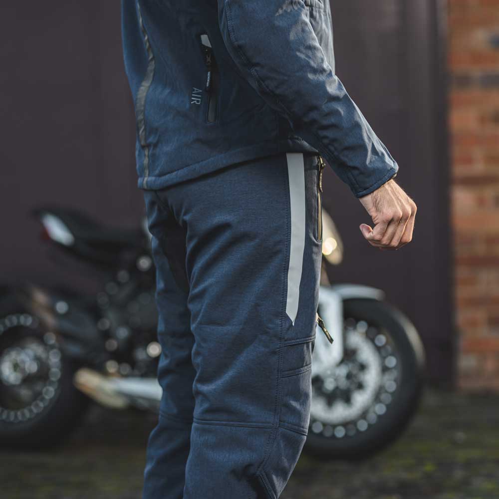 closeup of side visibility panel on motorbike trousers