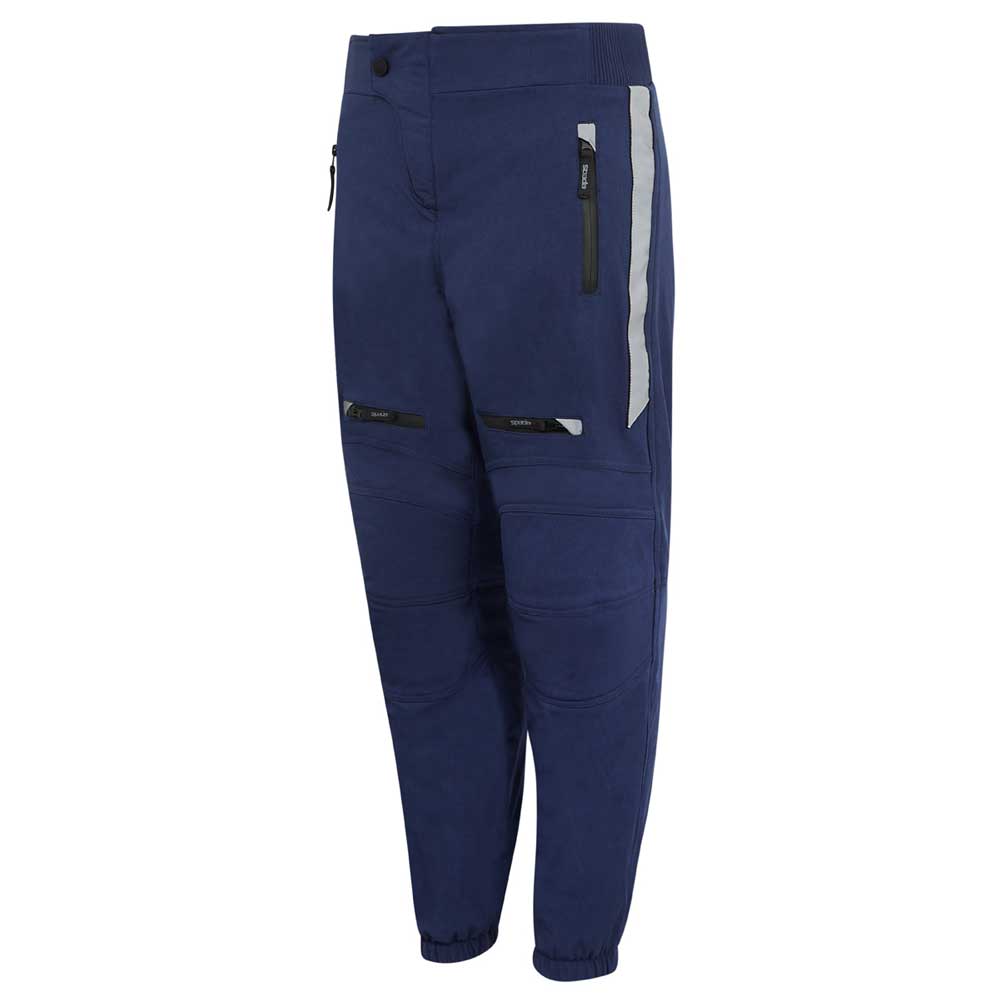 side view of blue motorcycle trousers with visibility strip