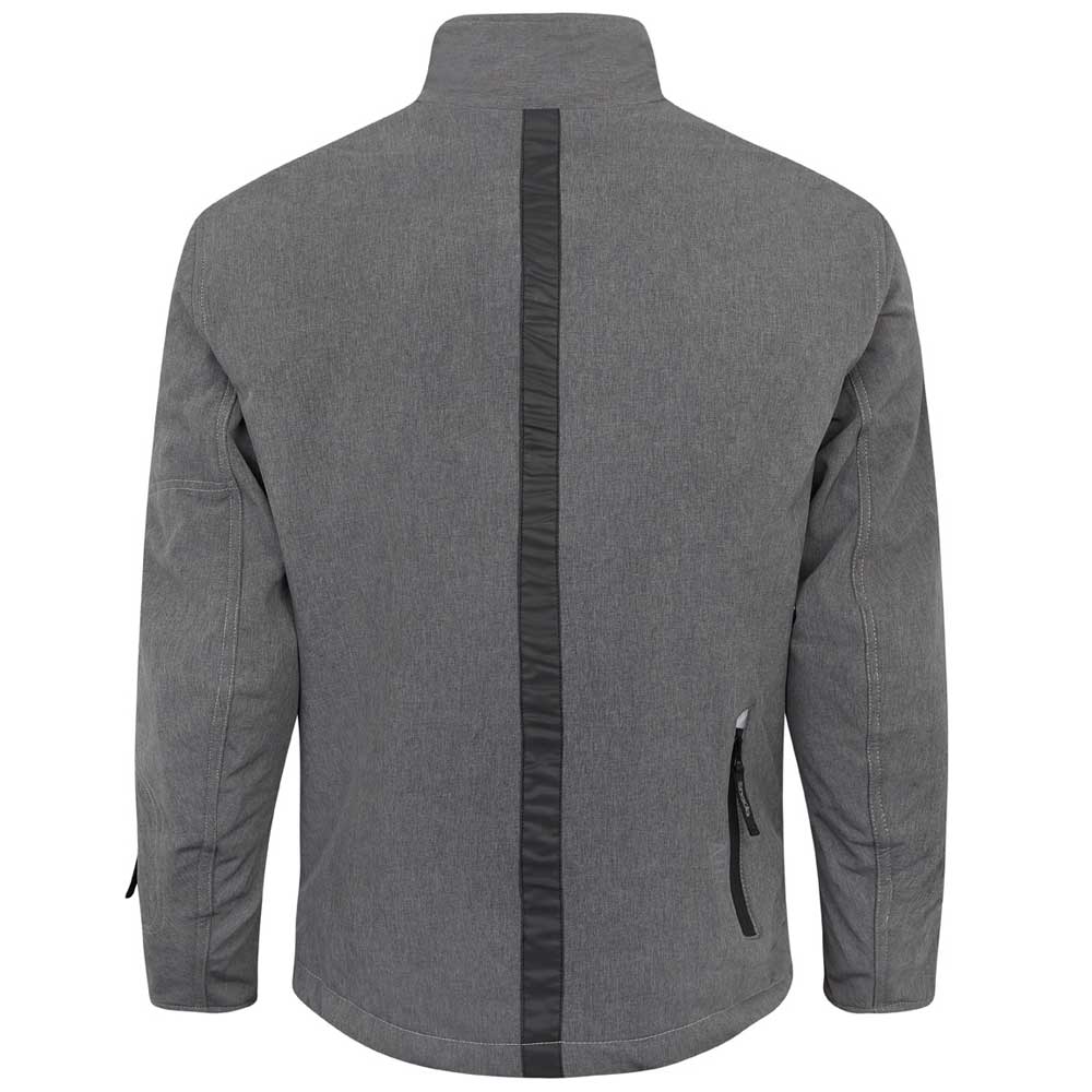 back of grey jacket for men with black details and pockets