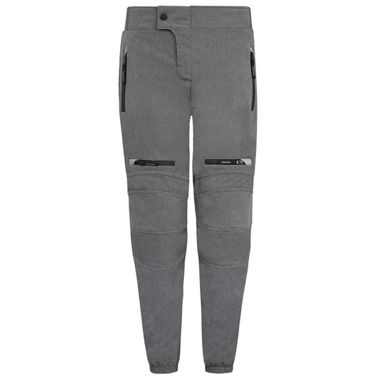 front of grey motorcycle trousers with black wateproof lined pockets