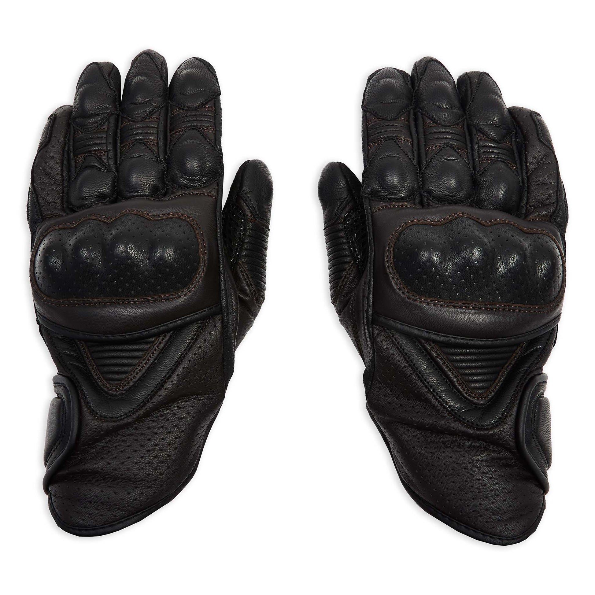 pair of leather motorcycle gloves in black and brown with protective knuckles