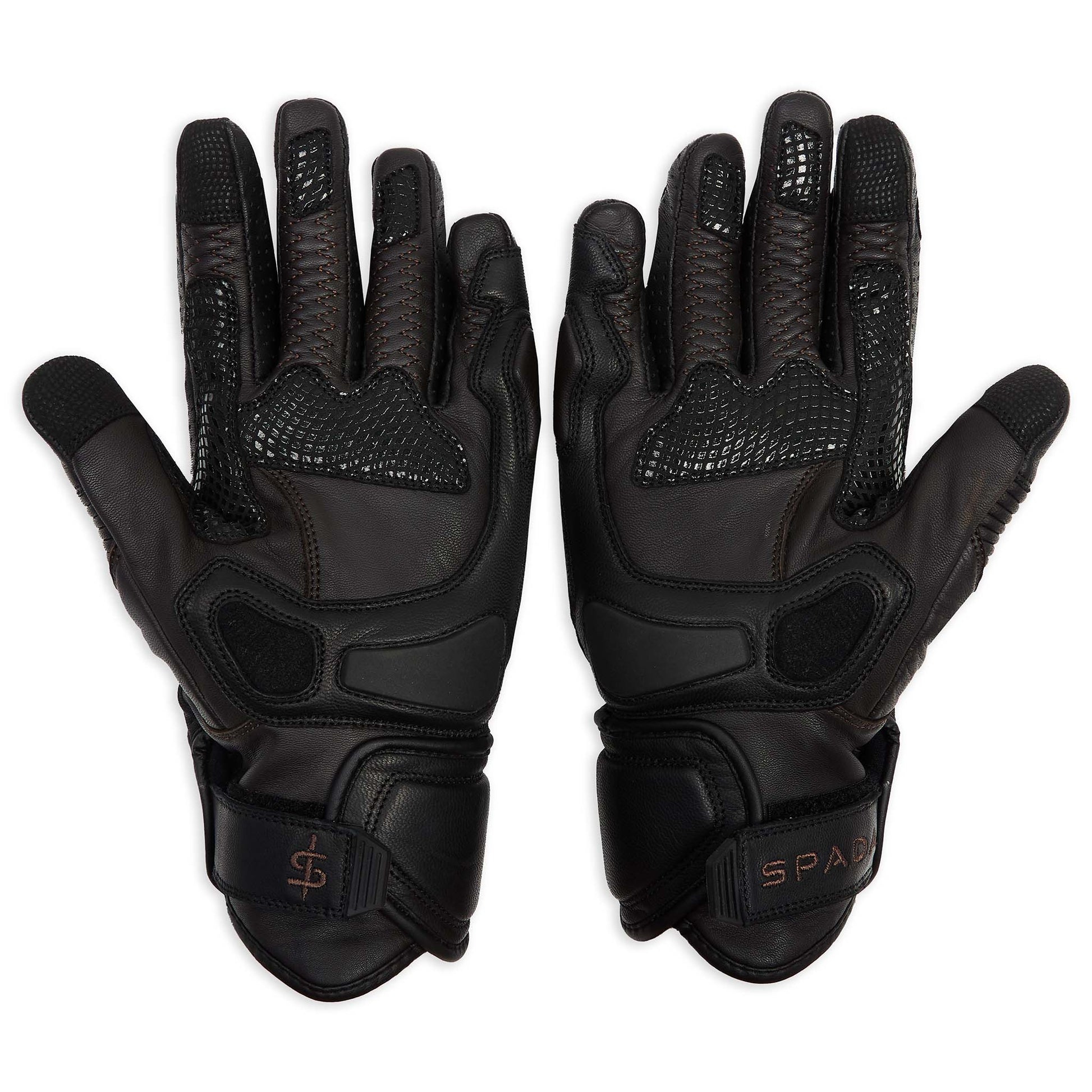 inside palms of black and brown leather gloves with Hardened solid palm slider for extra protection