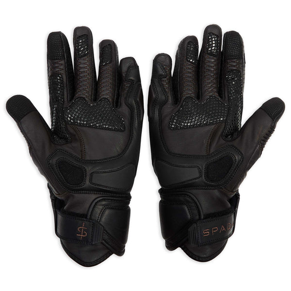 inside palms of black and brown leather gloves with Hardened solid palm slider for extra protection