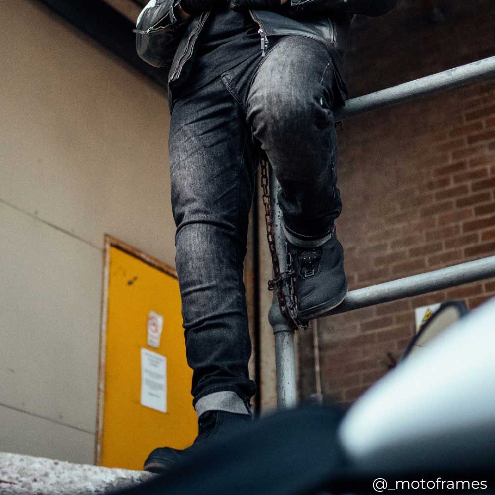 biker wearing black motorbike jeans for men