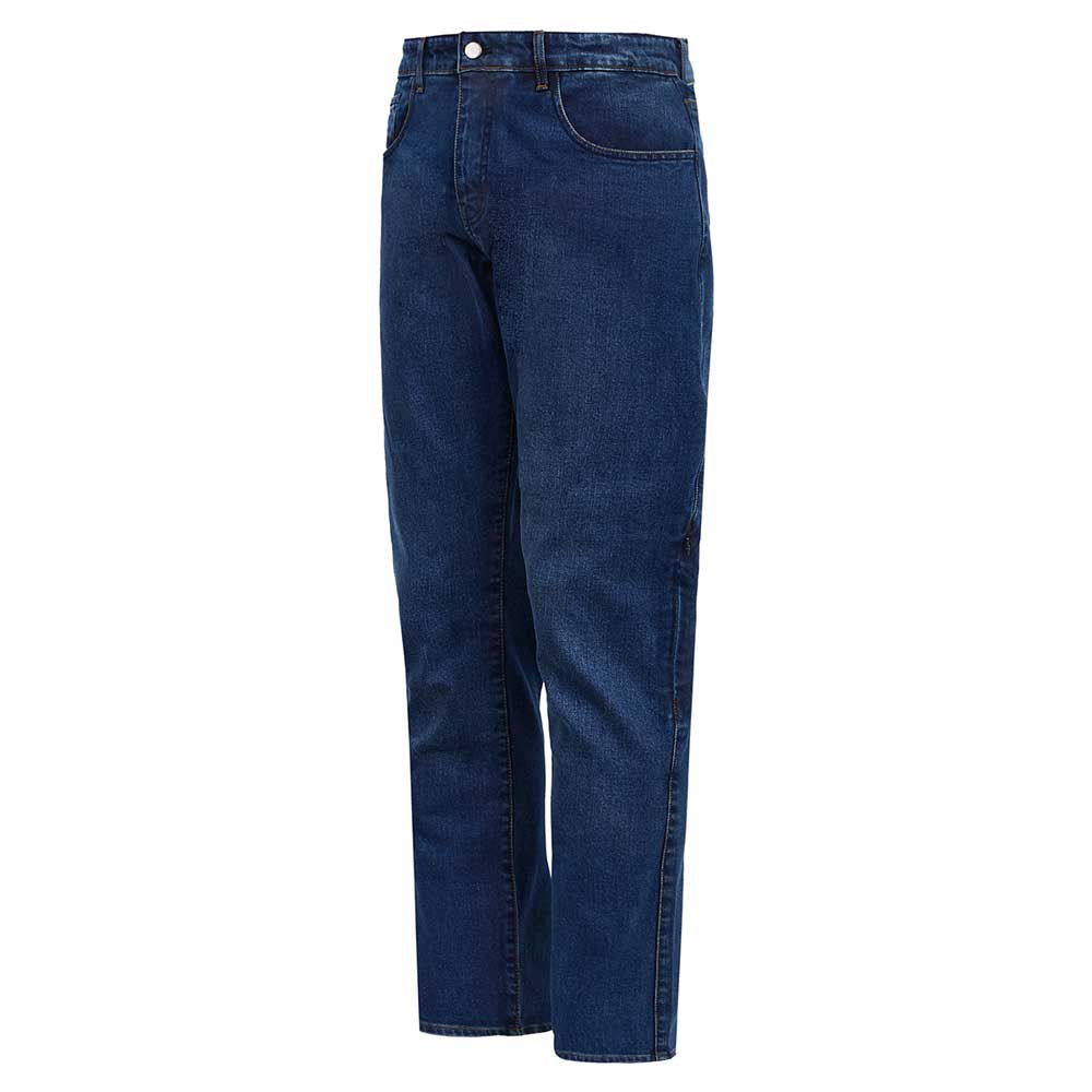 Side view of men’s washed blue motorcycle jeans showing slim silhouette and discreet side-entry knee armour pocket.