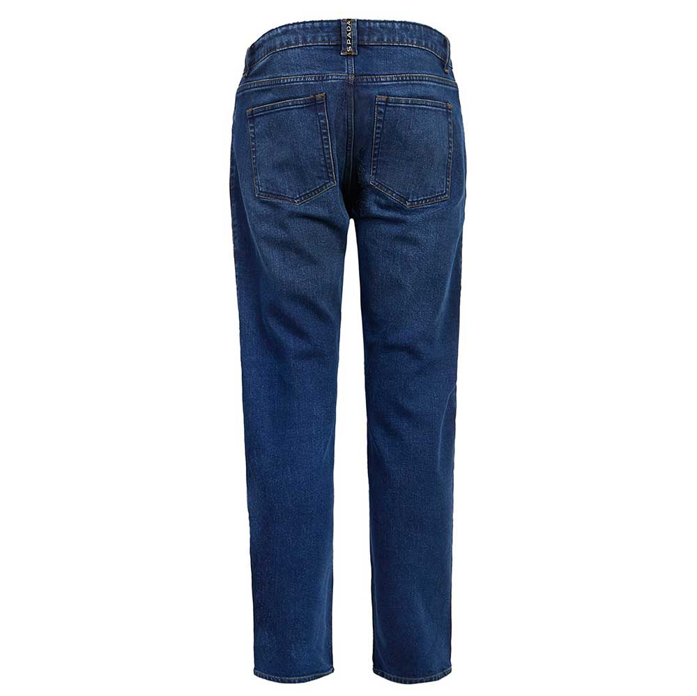 Rear view of men’s washed blue motorcycle jeans highlighting reinforced seat area and classic biker styling.