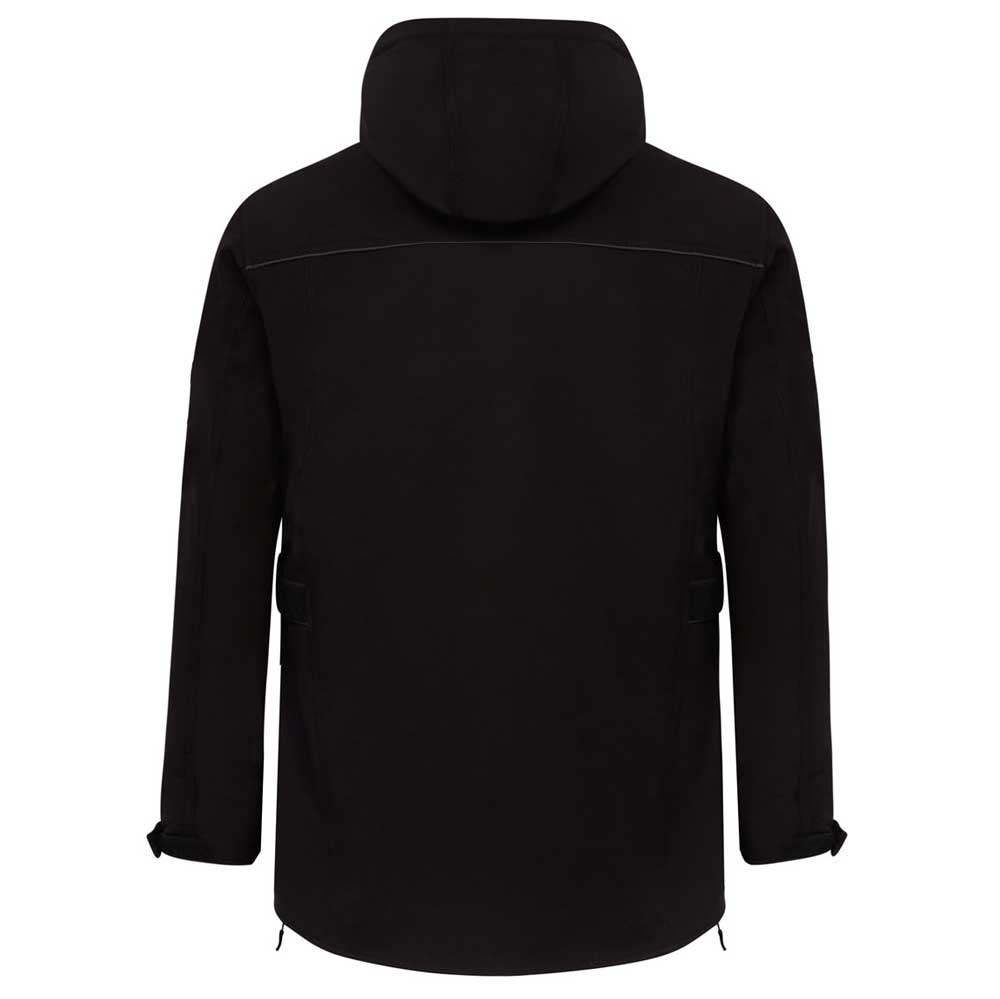 back of black motorcycle jacket with removable hood