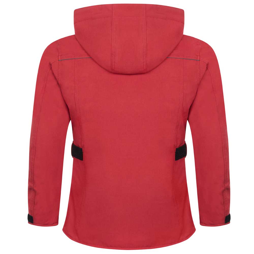 back of red womens motorcycle jacket with removable hood