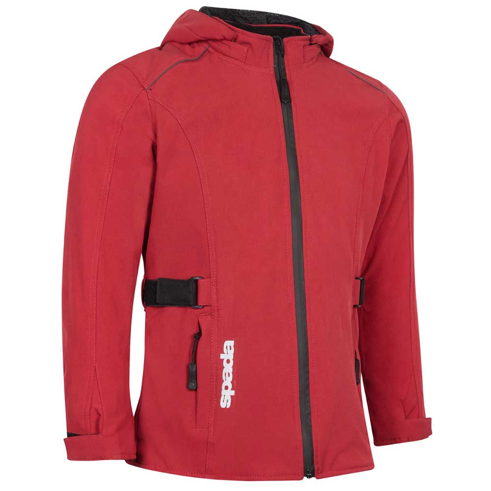 side view of red motobike jacket for women with black details and removable hood
