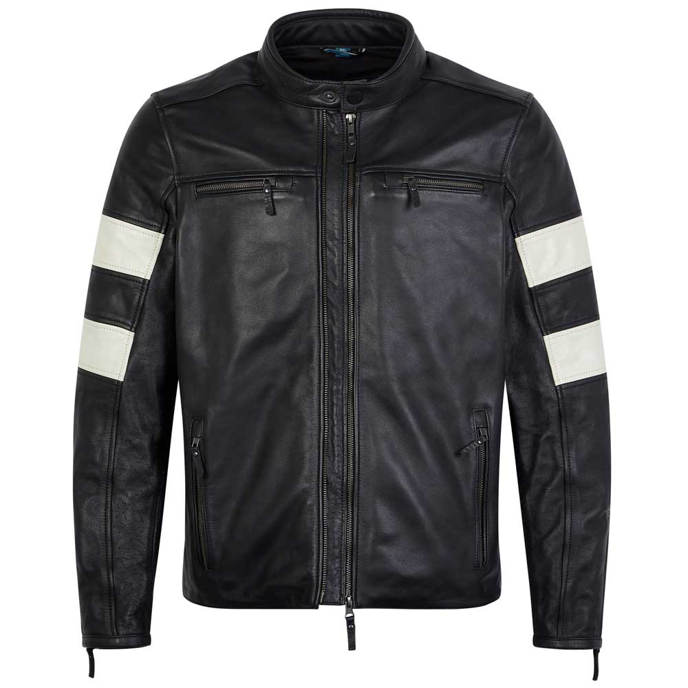 Front view of Hanzo black and white leather motorcycle jacket for men – sleek rider fit with dual zip and bold sleeve detail