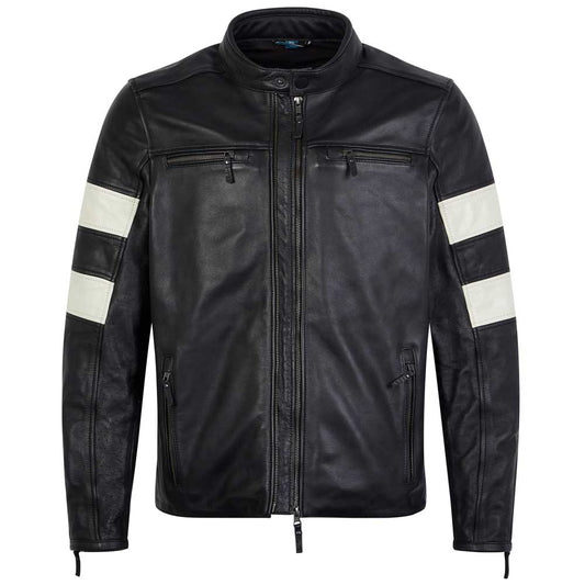 Front view of Hanzo black and white leather motorcycle jacket for men – sleek rider fit with dual zip and bold sleeve detail