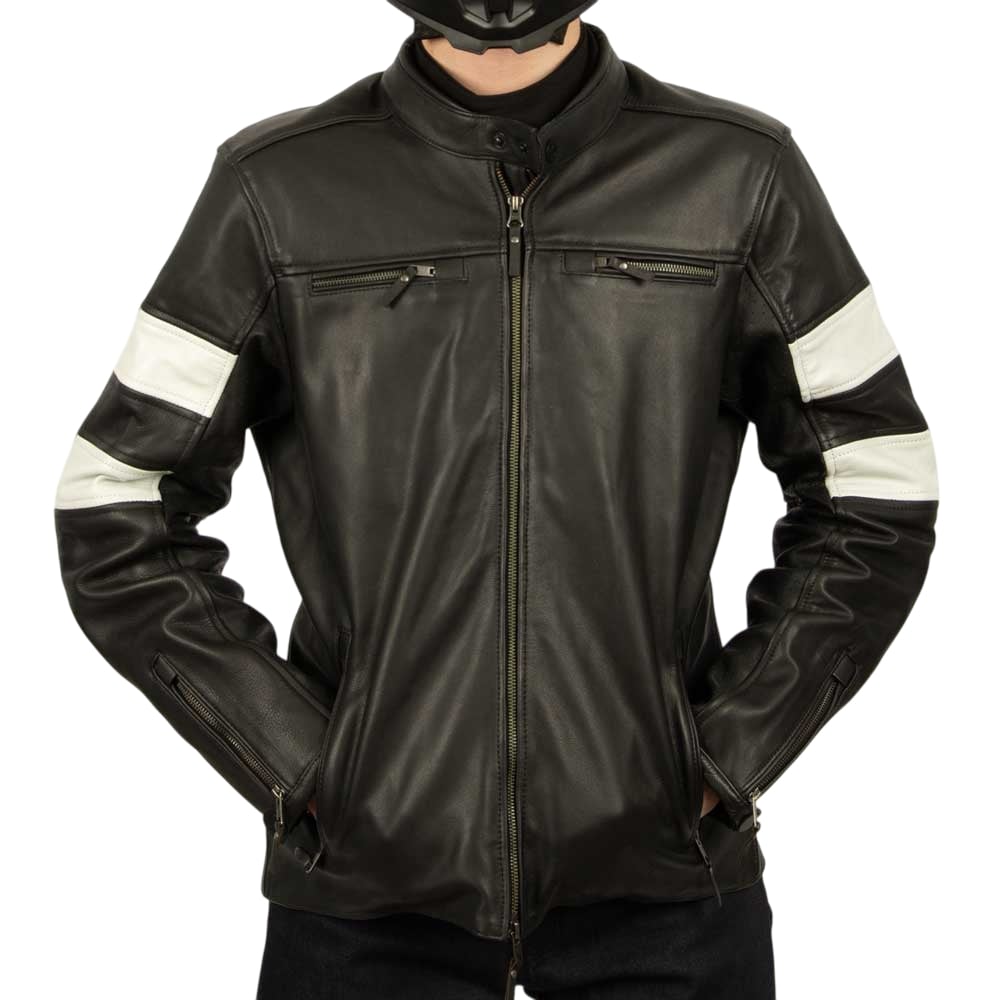 Front view of male rider in zipped Hanzo motorcycle jacket – classic black leather with sharp biker lines