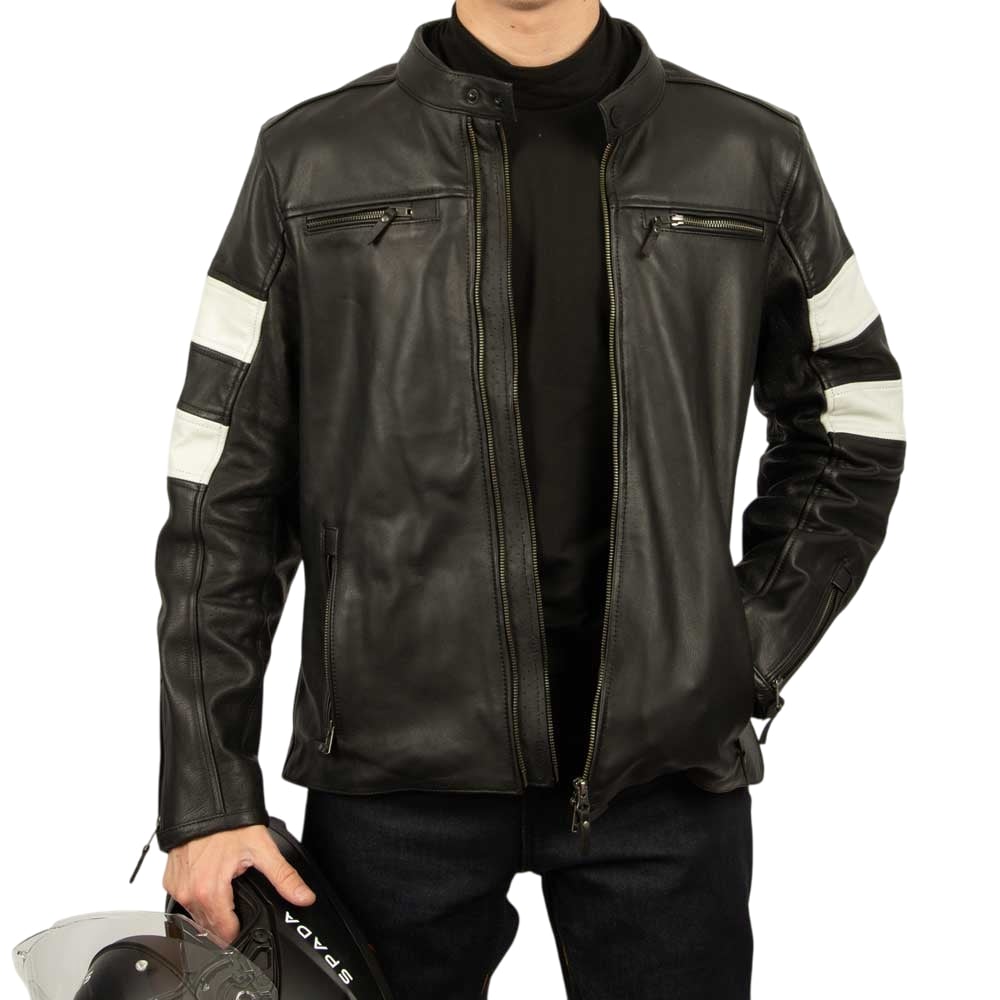 Male biker in Hanzo jacket unzipped, holding helmet – relaxed rider look with protective leather style