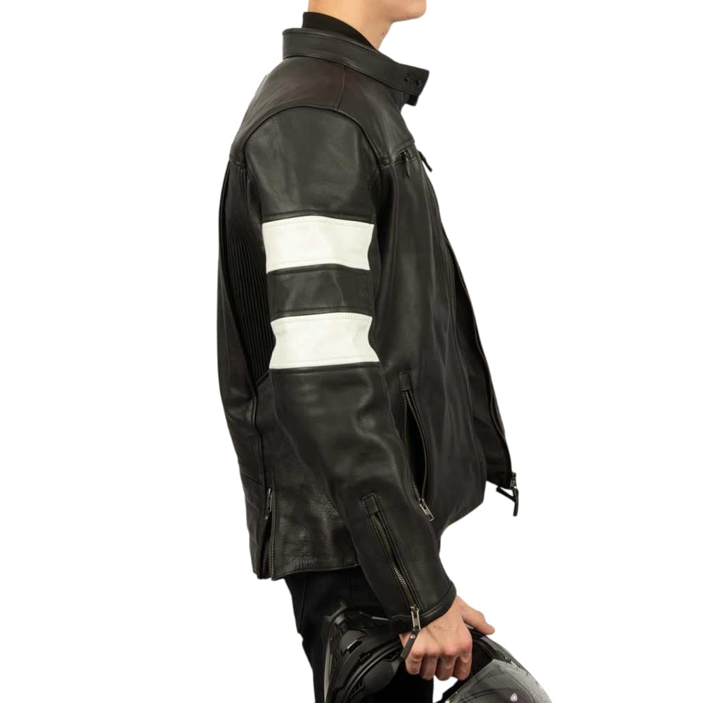 Side view of man in Hanzo black and white motorbike jacket – ergonomic design and bold sleeve contrast
