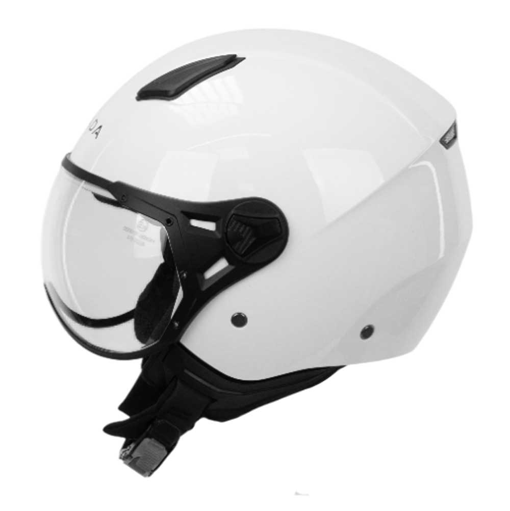 side of white open face motorbike helmet with clear visor