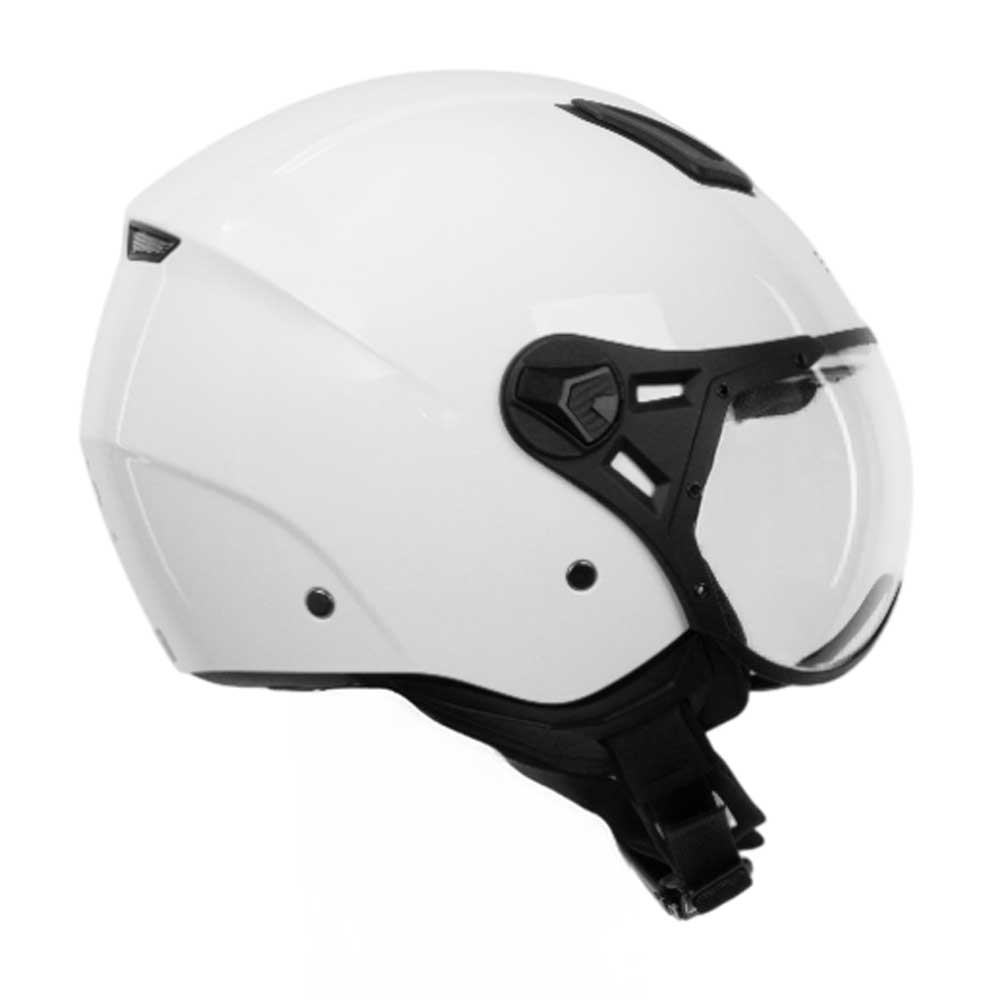 side view of black and white open face motorbike helmet with clear visor