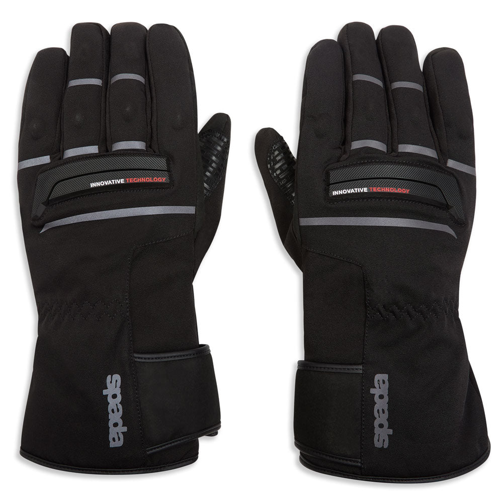 black textile motorcycle gloves for women with visibility strips and reinforced knuckles