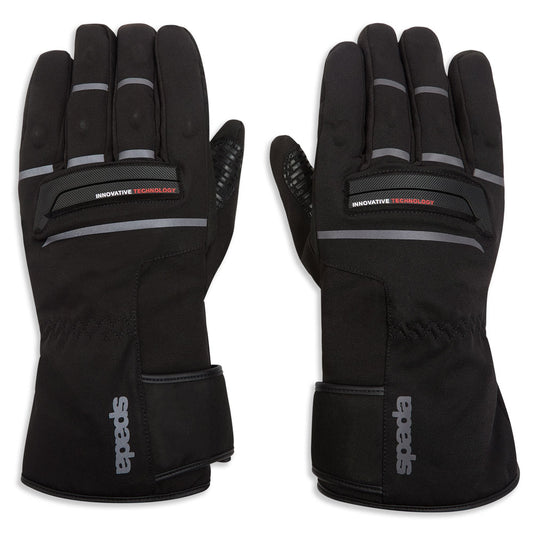 black textile motorcycle gloves for women with visibility strips and reinforced knuckles