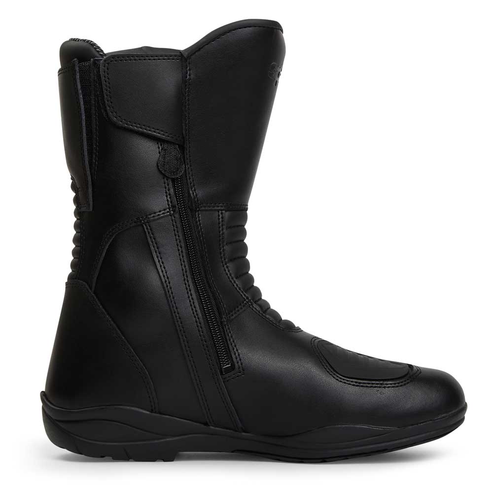 inside of black waterproof motorcycle boots with zipper fastening