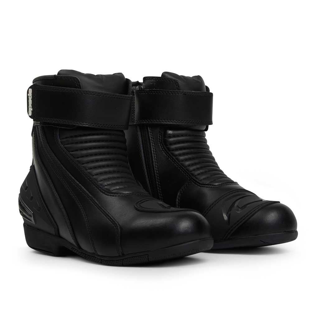 pair of black PU coated leather motorcycle boots