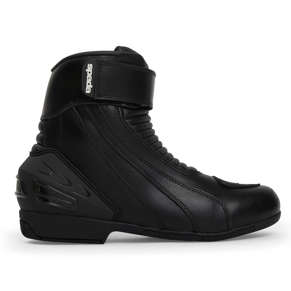 outer of black motorcycle boots with moulded gear change pad