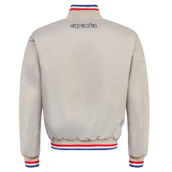 Back of Airforce 1 cream motorbike jacket – aviation-inspired design with subtle panelling