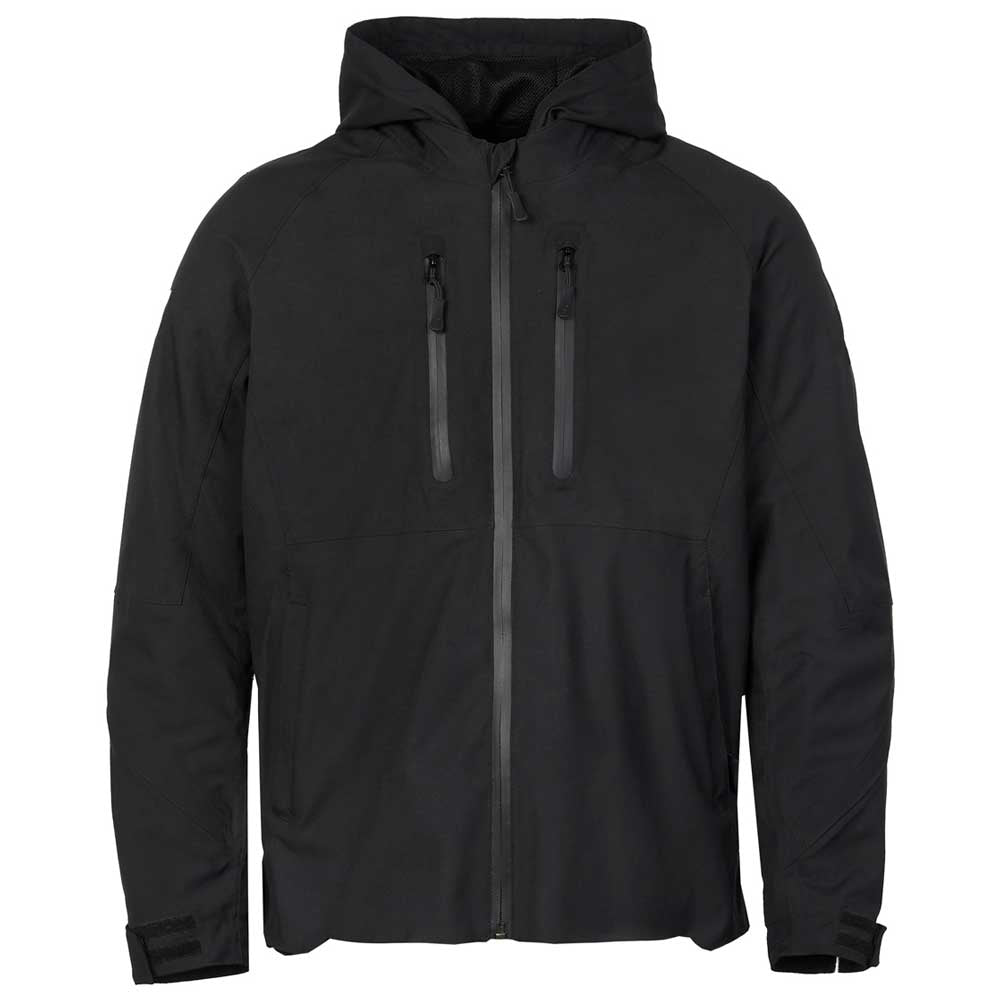 Front view of unisex black waterproof motorcycle jacket with detachable hood, breathable and weather-resistant design for men and women bikers