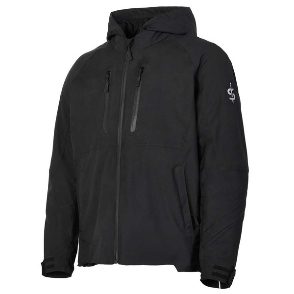 Side angle of Joe Matt black motorbike jacket for men and women, showcasing lightweight fit and 5K waterproof protection for riders