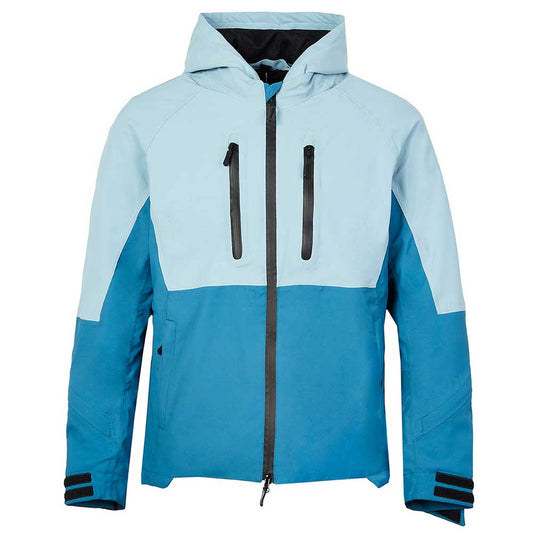 Front view of blue two-tone waterproof motorcycle jacket with light blue top and dark blue bottom – unisex fit for men and women bikers