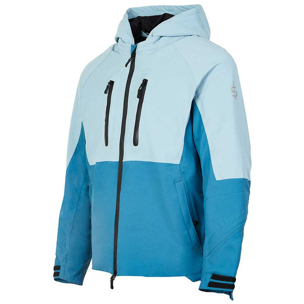 Side profile of Joe Matt blue motorbike jacket showing breathable, waterproof build with ergonomic fit for male and female riders