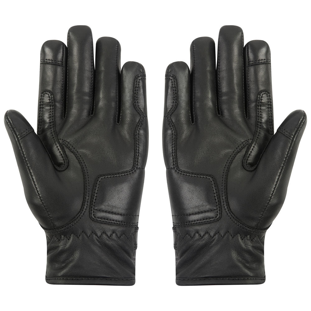 back of classic black leather motorcycle gloves with accordion elastic finger detail for bikers