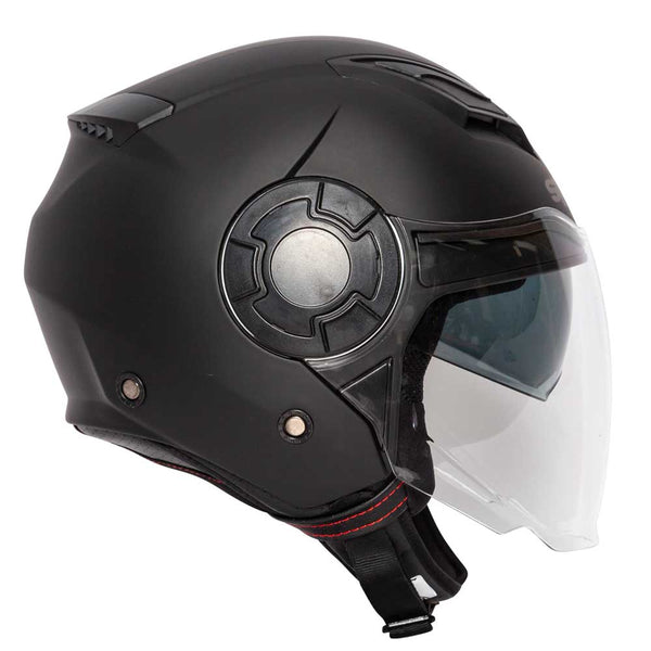 matt black open face motorbike helmet with large clear visor and a integrated sun visor