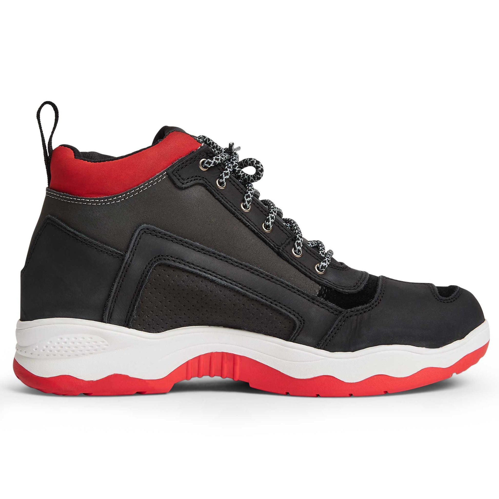 side view of black red and white trainers