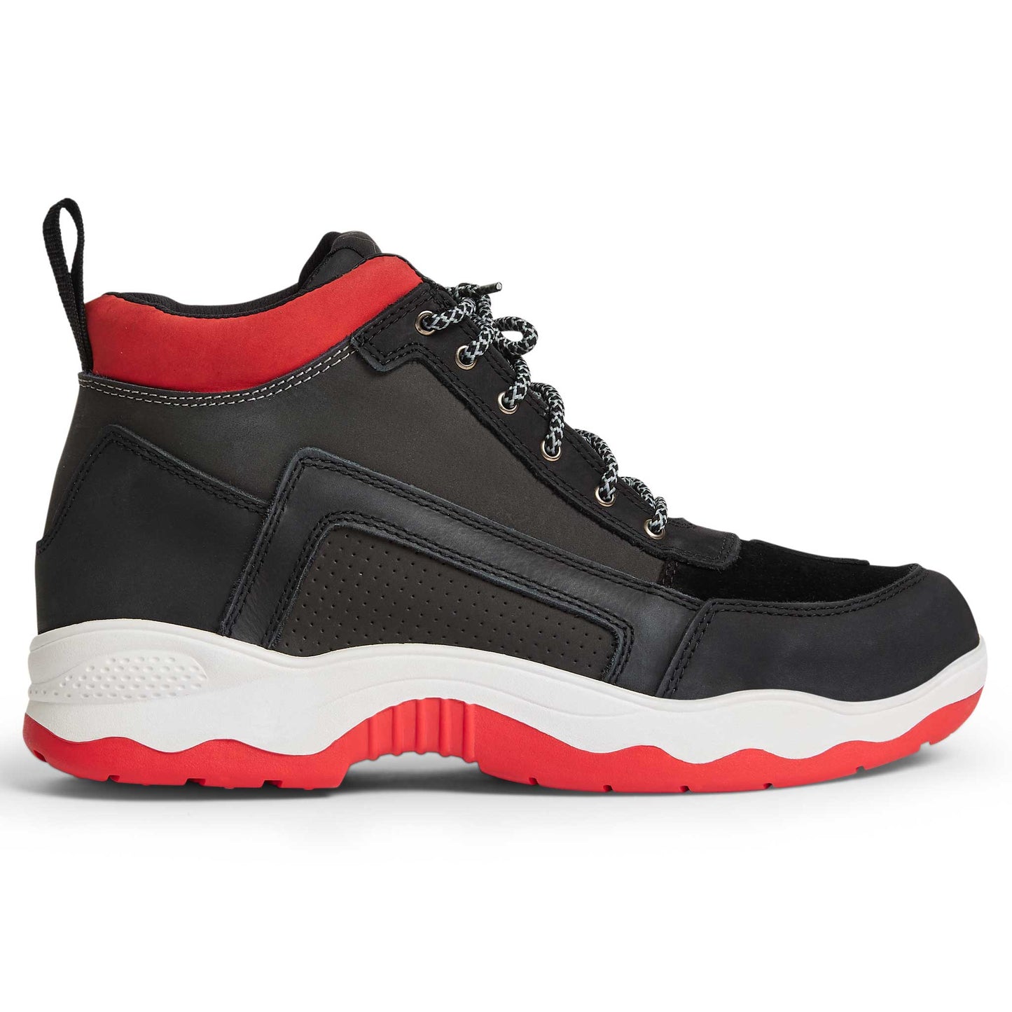 side view of black and red lace up motorcycle trainers