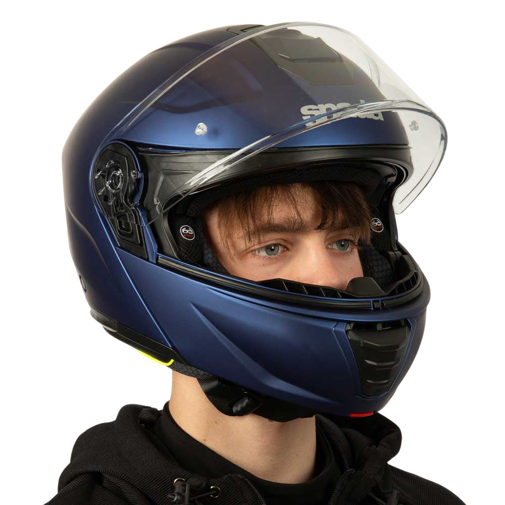 side of matte blue motorbike helmet for men