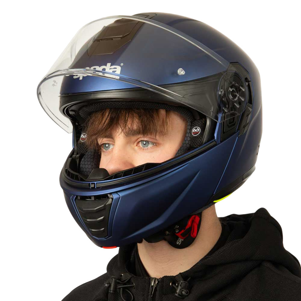 side of matte blue motorbike helmet with black details