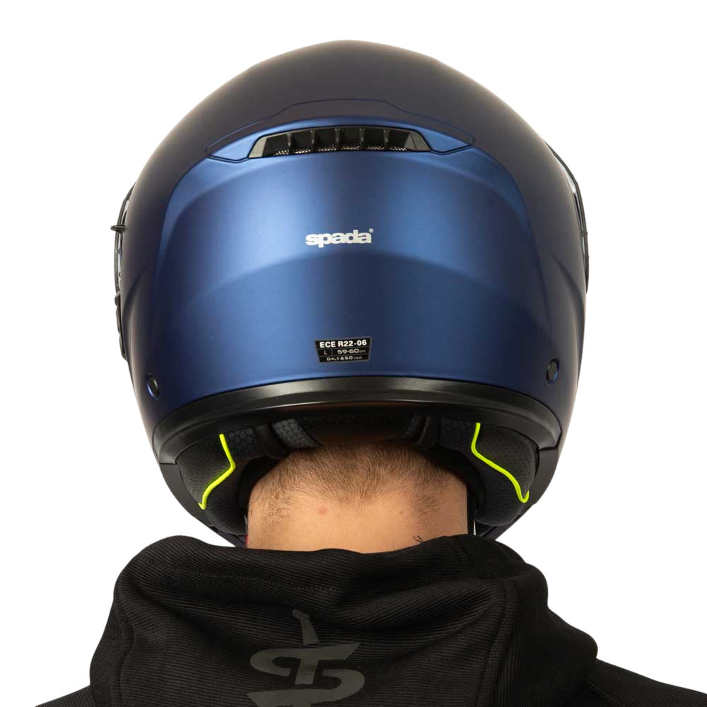 back of matte blue motorbike helmet with air vents