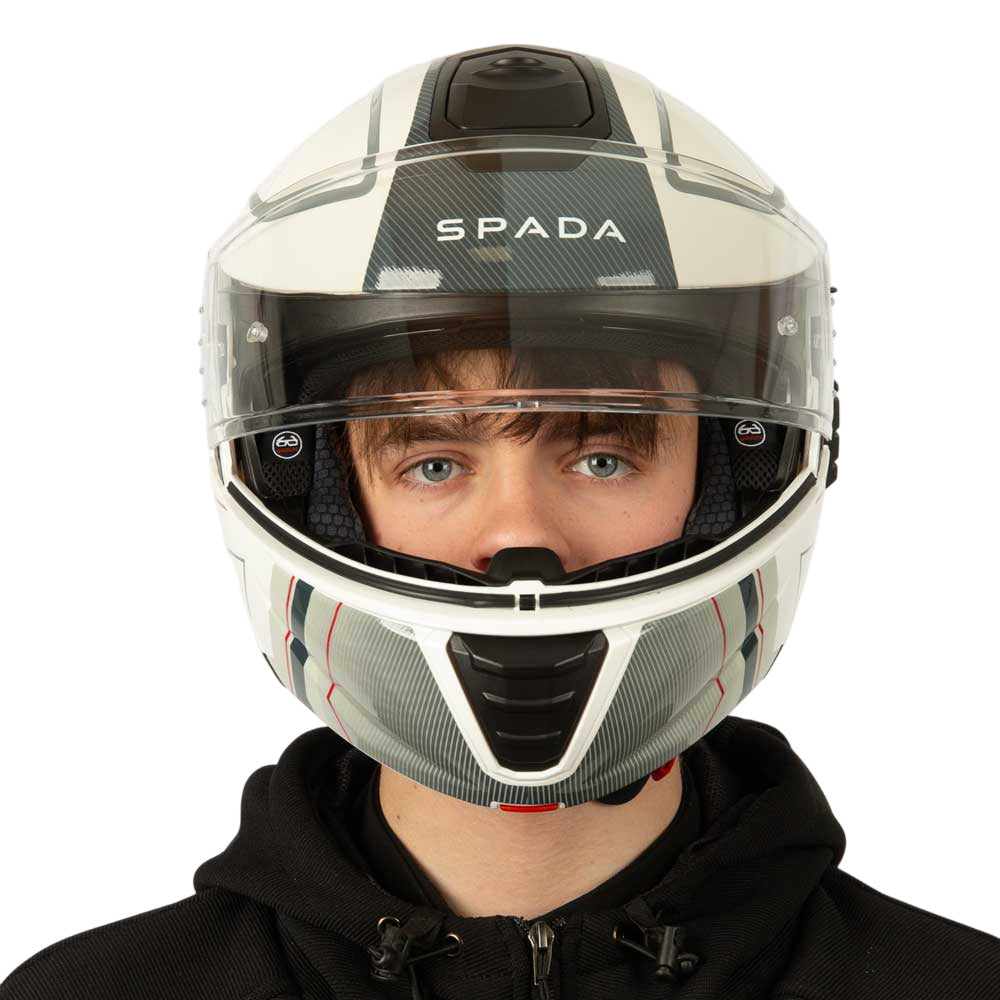 white grey and black motorbike helmet with clear visor