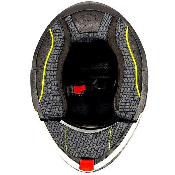 inner padding and liners of white and black motorbike helmet