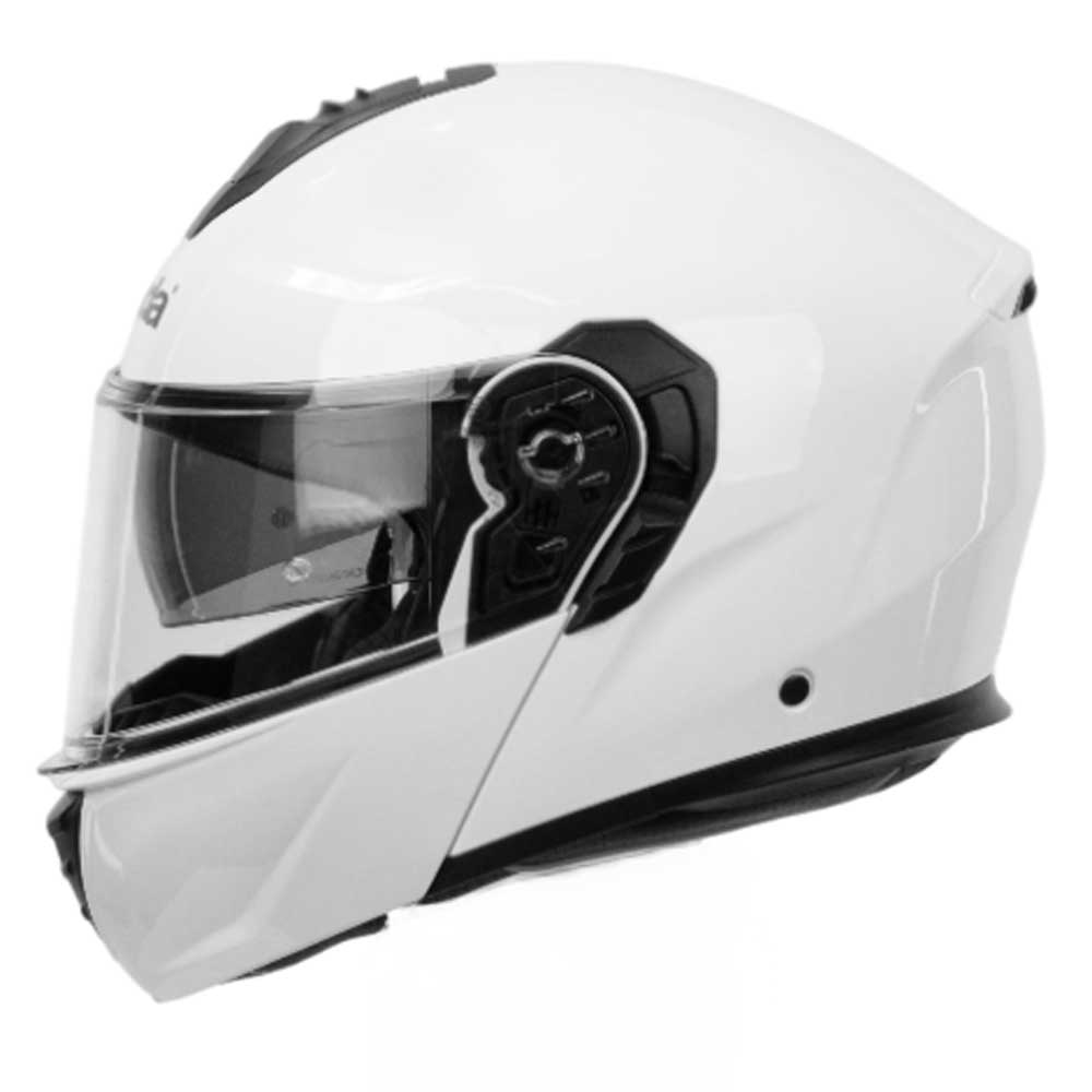 side view of black and white motorbike helmet with clear visor and integrated visor