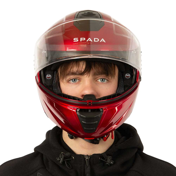 front of red spada motorbike helmet with clear visor lifted up