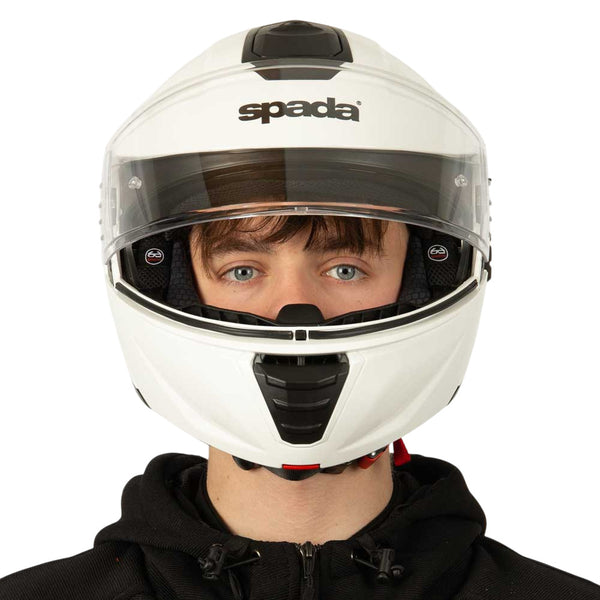 front of white motorbike helmet with clear visor lifted up