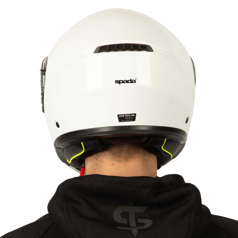 back of biker wearing white motorbike helmet with motorbike hoodie