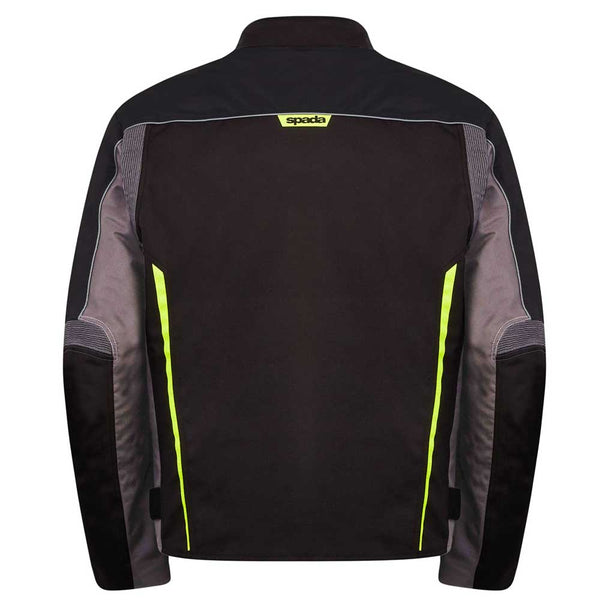 back of black and green fluorescent mens motorcycle jacket