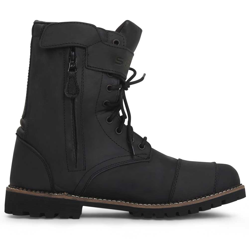 inner side view of black motorcycle zip up and lace up boots