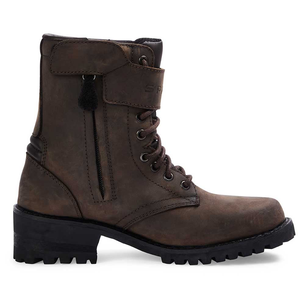 side view of leather motorcycle brown boots for women's with side zipper