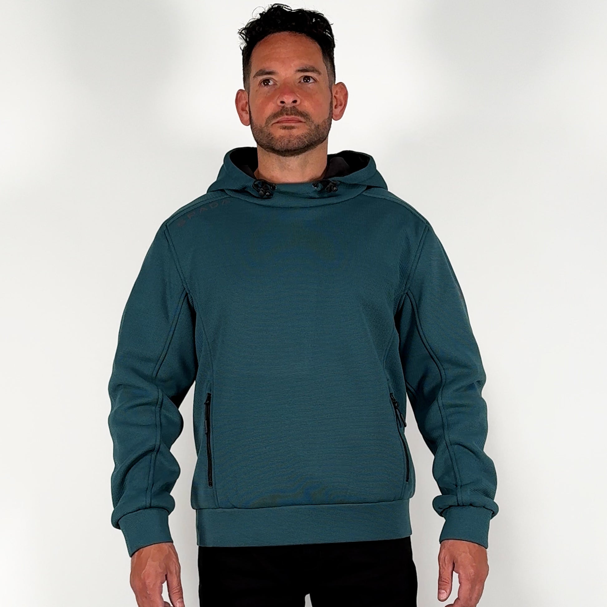 360-degree view of male rider wearing Blade Blue unisex motorcycle hoodie – pullover design, streetwear style, and protective function