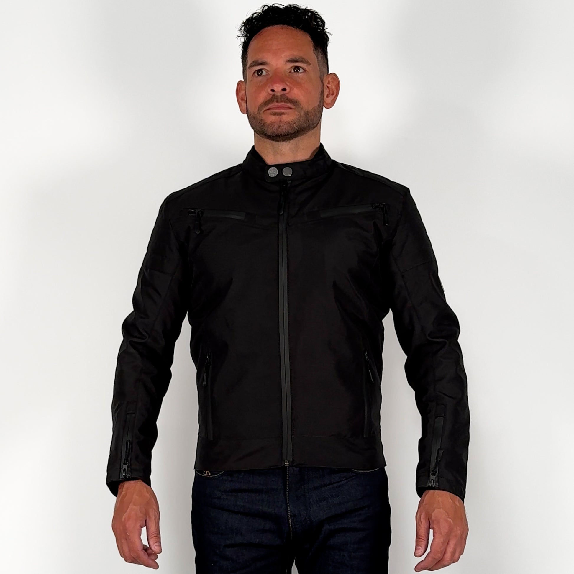 360 spin video of rider wearing black lightweight motorcycle jacket for men