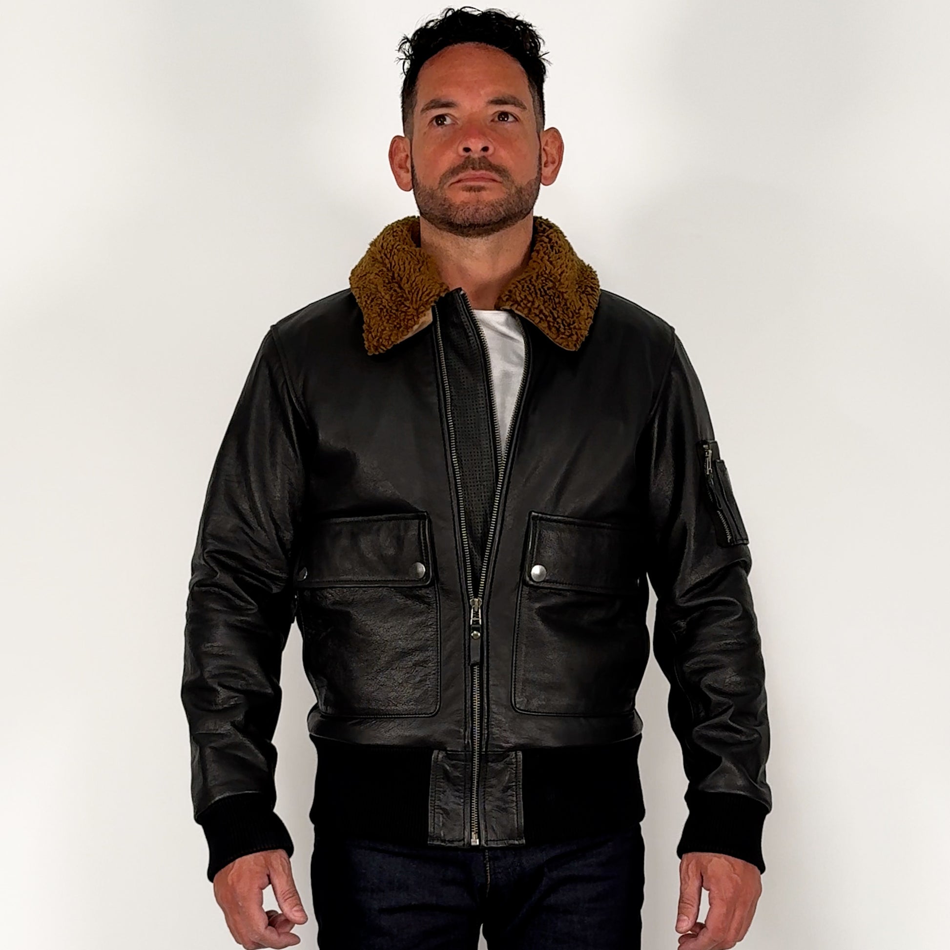 360-degree spin of male biker wearing Turbine leather jacket – showcasing full silhouette, collar and structure